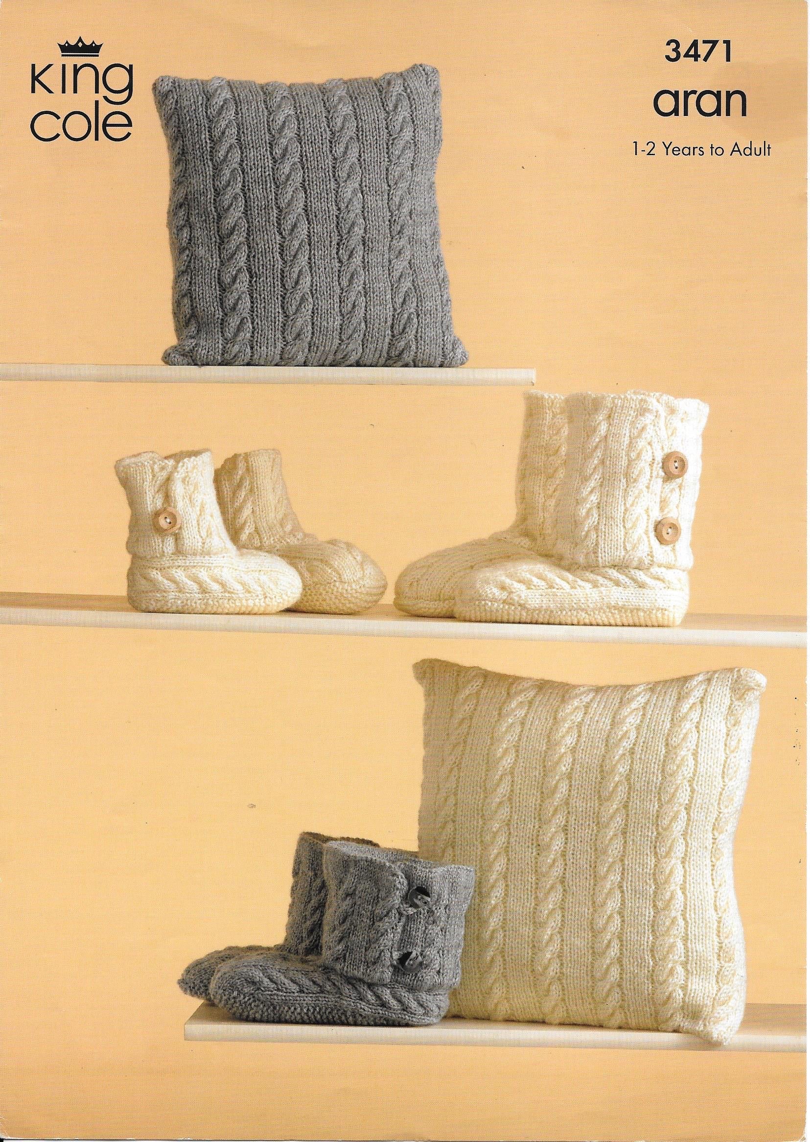 King Cole 3471 Fashion Aran Cushion and Slippers knitting pattern