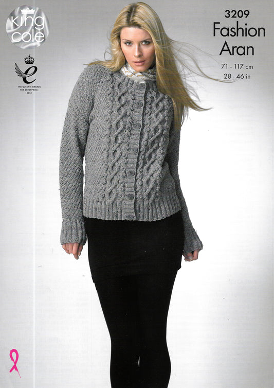 King Cole 3209 Knitting Pattern - Lady's Aran Cable Cardigan/Sweater