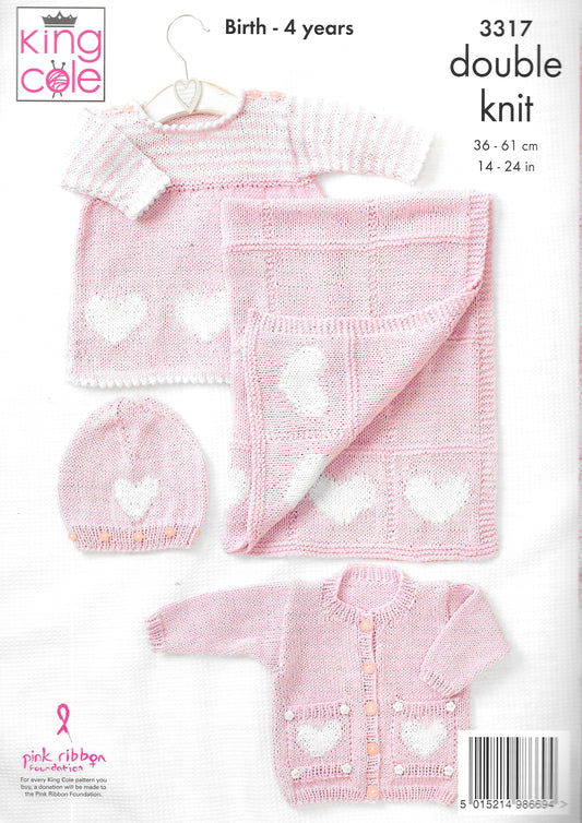 King Cole 3317 Double Knit Knitting Pattern - Child Cardigan/Dress/Hat/Blanket