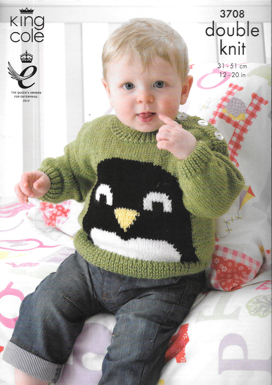 King Cole 3708 Knitting Pattern - Child's Intarsia DK Sweater and cardigan