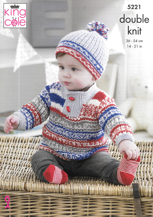 King Cole 5221 DK Coat/Gilet/Sweater/Hat knitting pattern