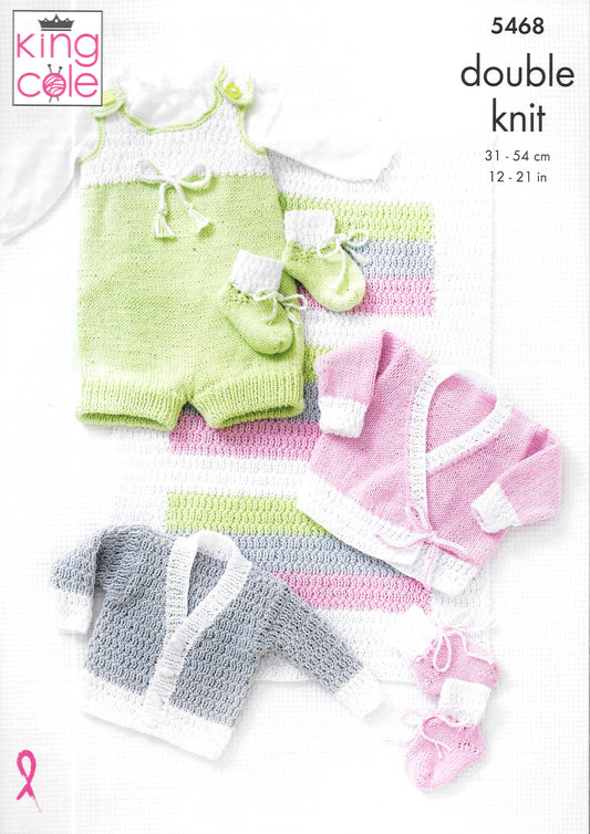 5468 King Cole double knit Blanket/Romper/Cardigans/Bootees knitting pattern