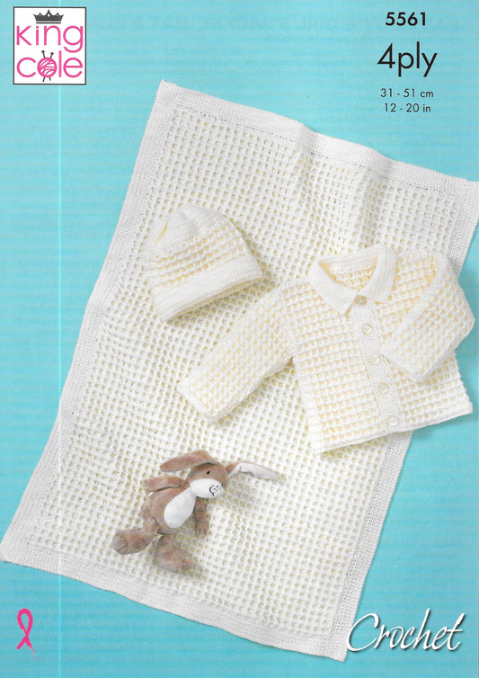 5561 King Cole Crochet pattern. Baby jacket, hat and blanket 4 ply