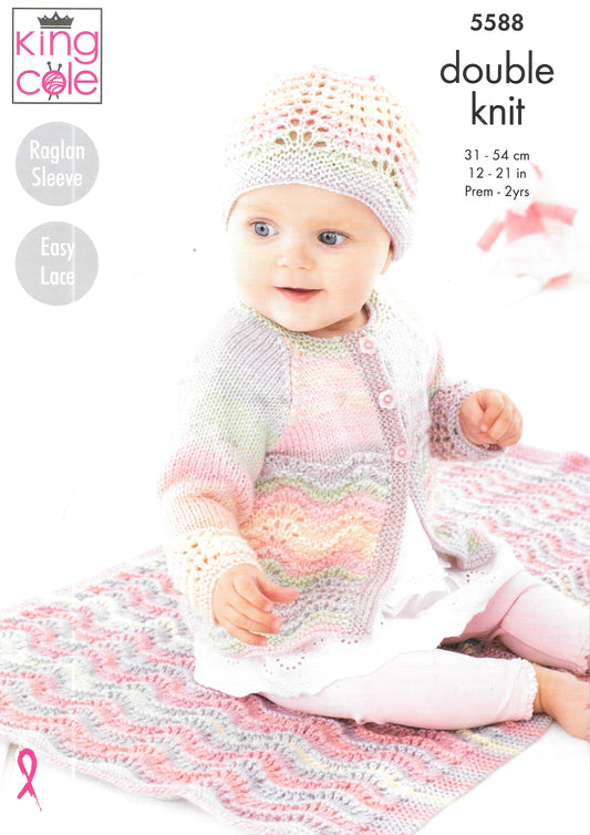 5588 King Cole Double Knit Blanket/Matinee Coat/Cardigan/Hat knitting pattern