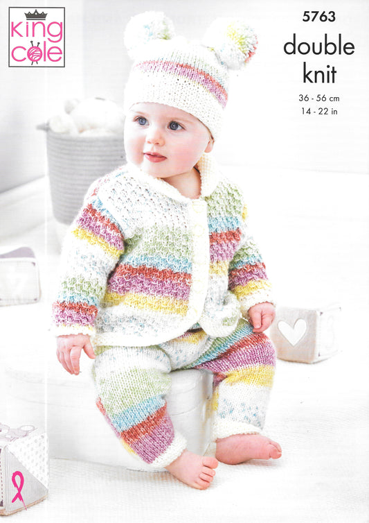 5763 King Cole Onesie, Cardigan, Trousers, Hat knitting pattern