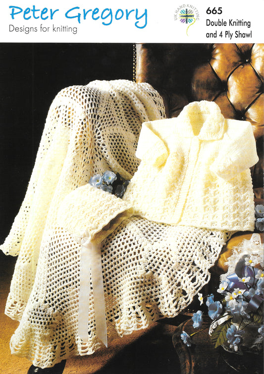 665 Peter Gregory knitting/crochet pattern. Baby's coat, bonnet and shawl.