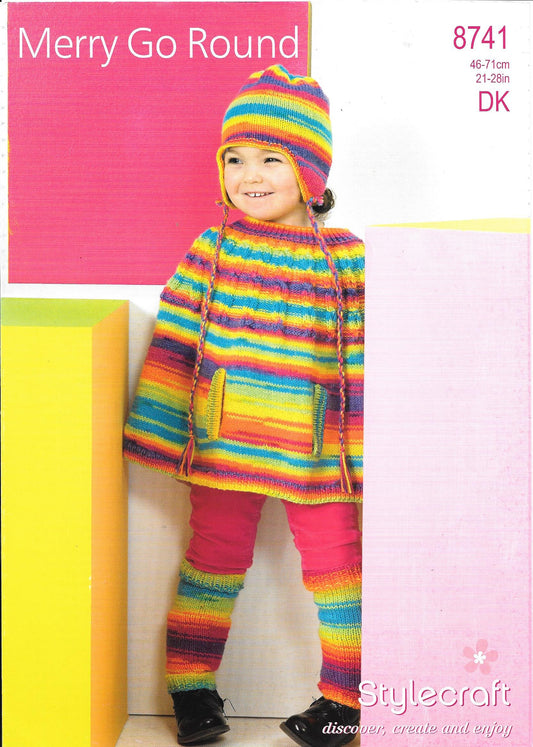 8741 Stylecraft DK Knitting Pattern. Cape, Leg warmers, Hat - 18-28" chest