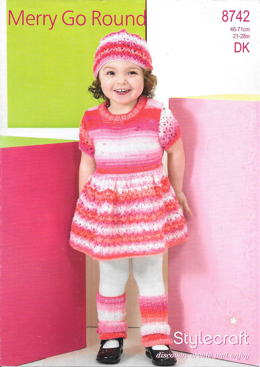 8742 Stylecraft Knitting DK Pattern. Dress, Leg warmers, Hat 18-28" chest