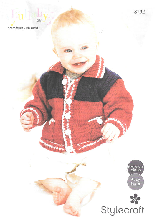 Stylecraft 8792 DK Knitting Pattern. Child's cardigan. Premature - 3 years