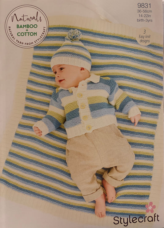 9831 Stylecraft Naturals bamboo and cotton baby jacket, hat and blanket knitting pattern