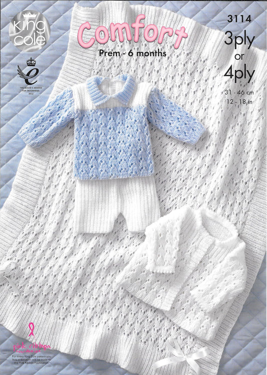 King Cole 3114 3ply/4ply Baby Comfort Baby Jacket, Sweater, Shorts and Shawl knitting pattern