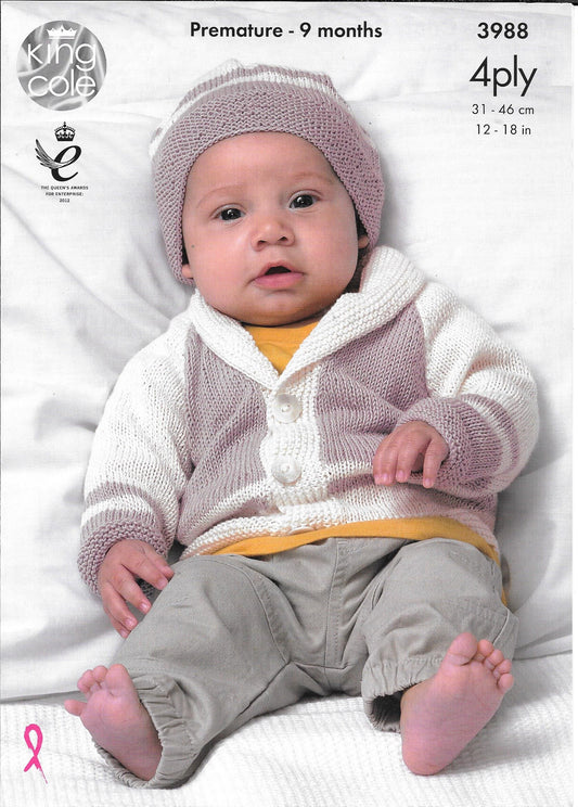 King Cole 3988 Bamboo Cotton 4 ply Premature - 9 mths Baby Matinee Coat and Cardigan plus hats knitting pattern