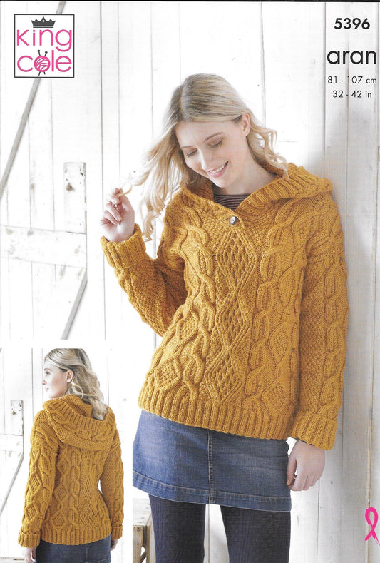 5396 King Cole Fashion Aran Ladies Cape, Hand Warmers and Hooded Sweater Knitting Pattern