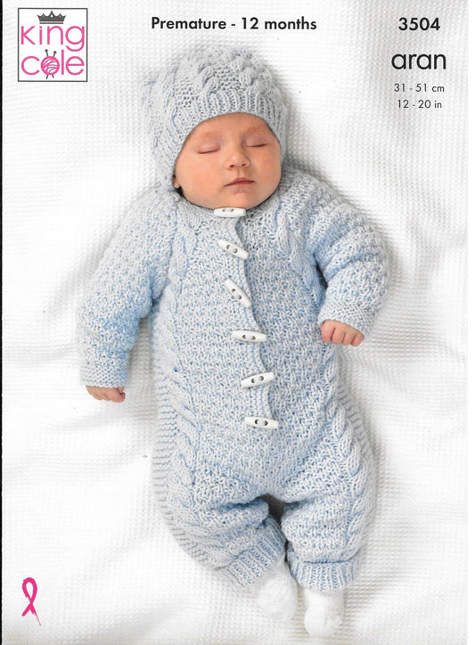 King Cole 3504 King - Aran Comfort premature baby All-in-one, Coat and Hat knitting pattern