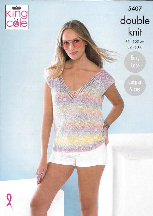 5407 King Cole Caribbean Calypso Dk Ladies Sleeveless and Short Sleeved Top Knitting Pattern