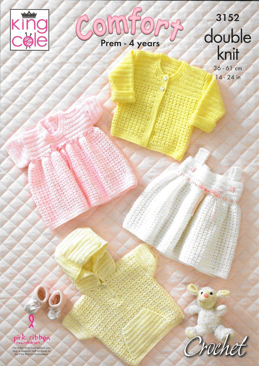 King Cole 3152 DK Comfort Baby Child Hooded Sweater, Cardigan, Dress & Pinafore Dress Knitting Pattern