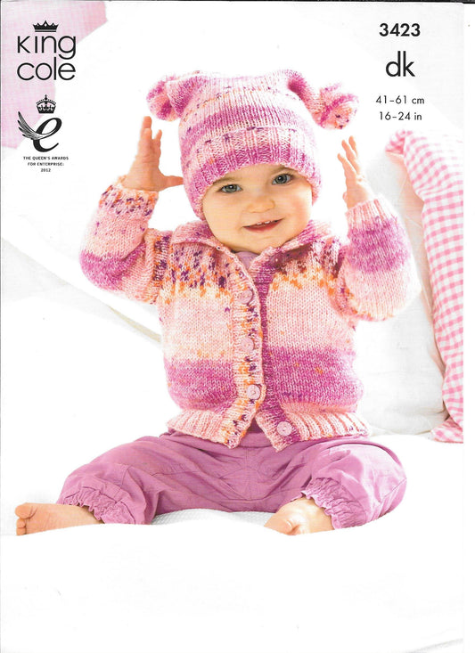 King Cole 3423 - Dk, Baby / Child Hooded Cardigan, Collared cardigan & Hat knitting pattern