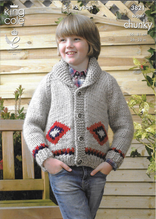 King Cole 3821 - Super Chunky Collared Cardigan and Hoodie knitting pattern