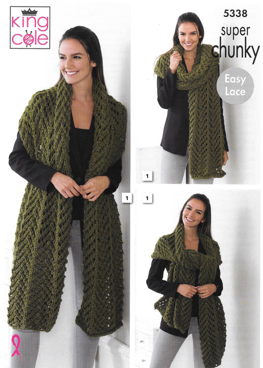 King Cole 5338 Super Chunky ladies Lace Scarves Knitting Pattern