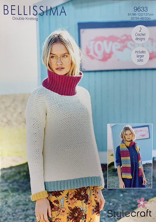 9633 Stylecraft Bellissima dk ladies sweater and scarf crochet pattern