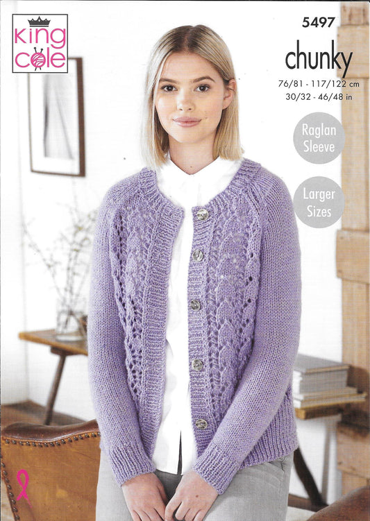 5497 King Cole Big Value Poplar Chunky ladies cardigan, scarf and hat knitting pattern